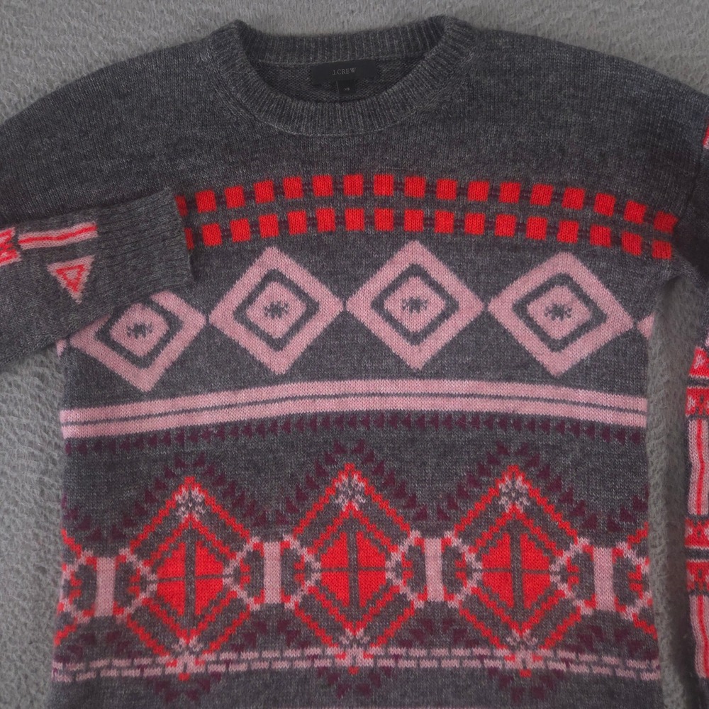 J.Crew Sweater Womens XS Grey Nordic Fair Isle Mohair‎ Wool Blend Geometric Knit